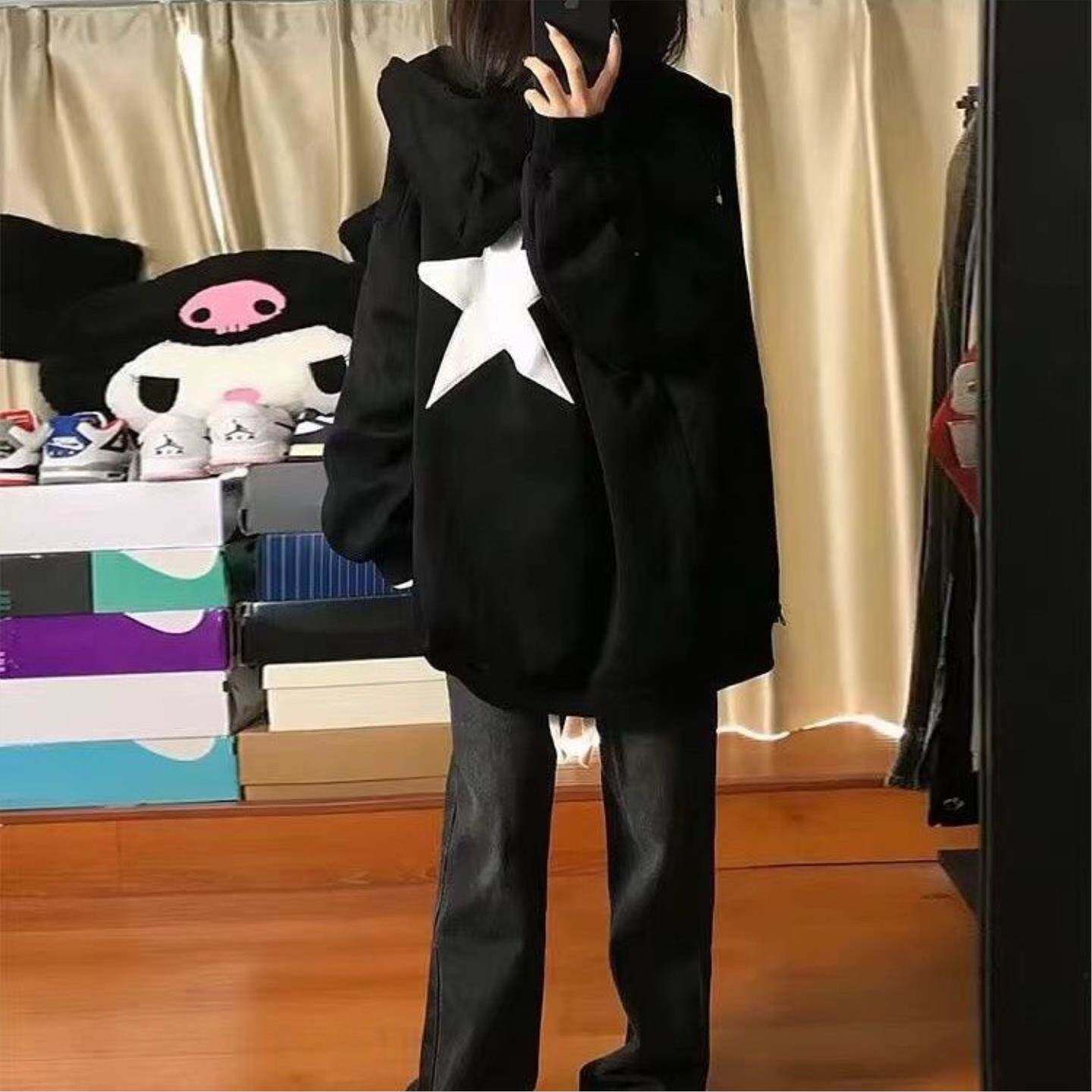 春夏连帽卫衣女加绒加厚宽松慵懒风拉链开衫外套ins
