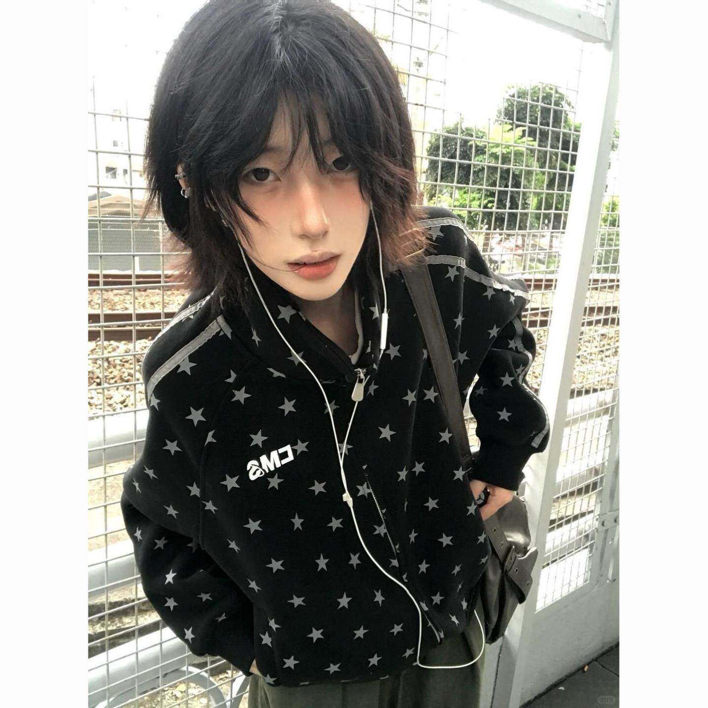 韩系立领满印星星字母拉链外套卫衣秋冬新款宽松百搭显瘦长袖上衣