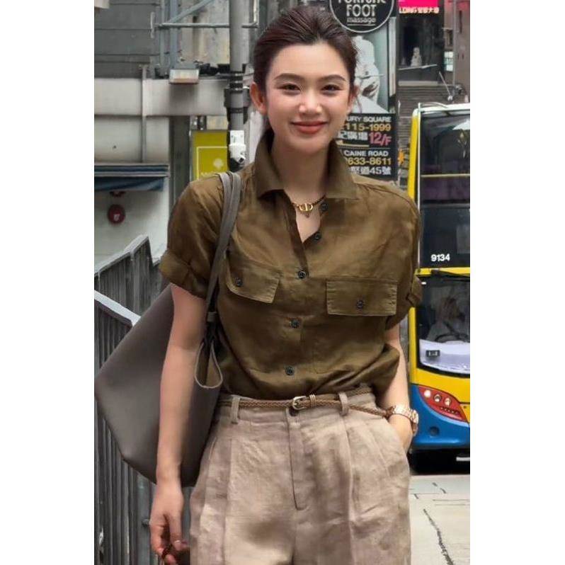 韩版慵懒松弛感设计单排多扣POLO领衬衫女休闲减龄纯色拼接上衣