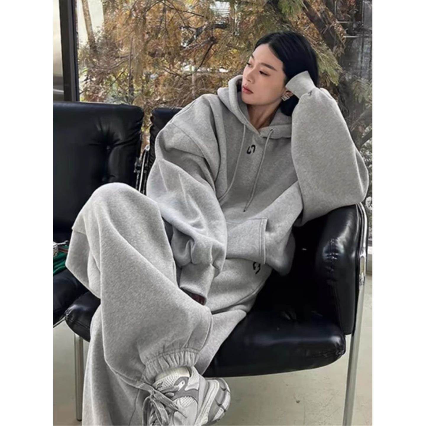 运动套装女春秋季加绒加厚连帽卫衣学生韩版跑步服休闲两件套冬装