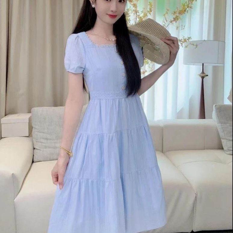 蕾丝拼接短袖连衣裙女2026夏季新款宽松显瘦时尚洋气减龄中长裙子