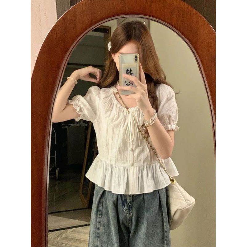 洋气甜美别致抽绳v领短袖衬衫女夏韩版温柔荷叶边泡泡袖漂亮小衫