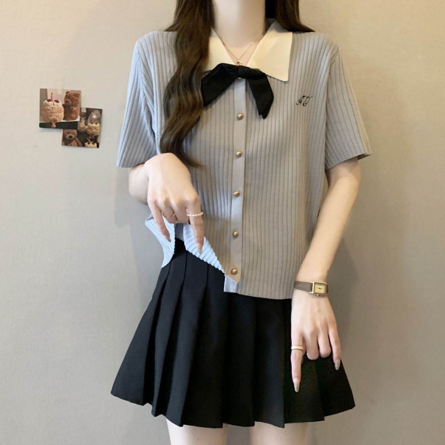 灰色T恤大码冰丝针织短袖女夏新款学院蝴蝶结上衣2026小清新小衫