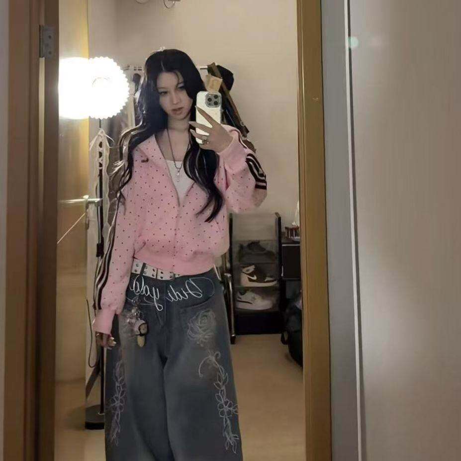 甜妹本命粉色波点满印连帽开衫卫衣女春秋宽松慵懒风拉链外