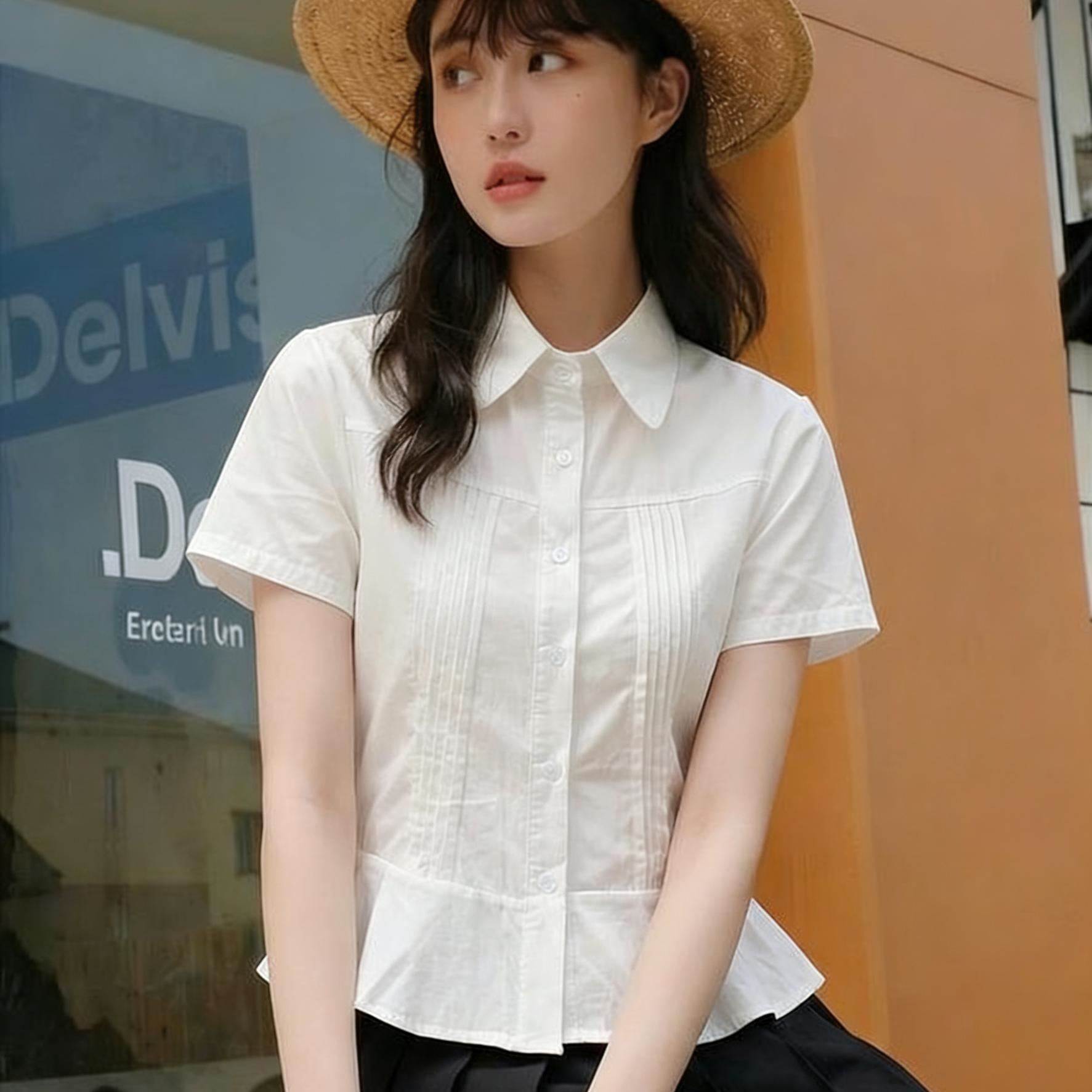 棉夏季短袖白色polo领衬衫女修身短款收腰百搭上衣休闲白衬衣