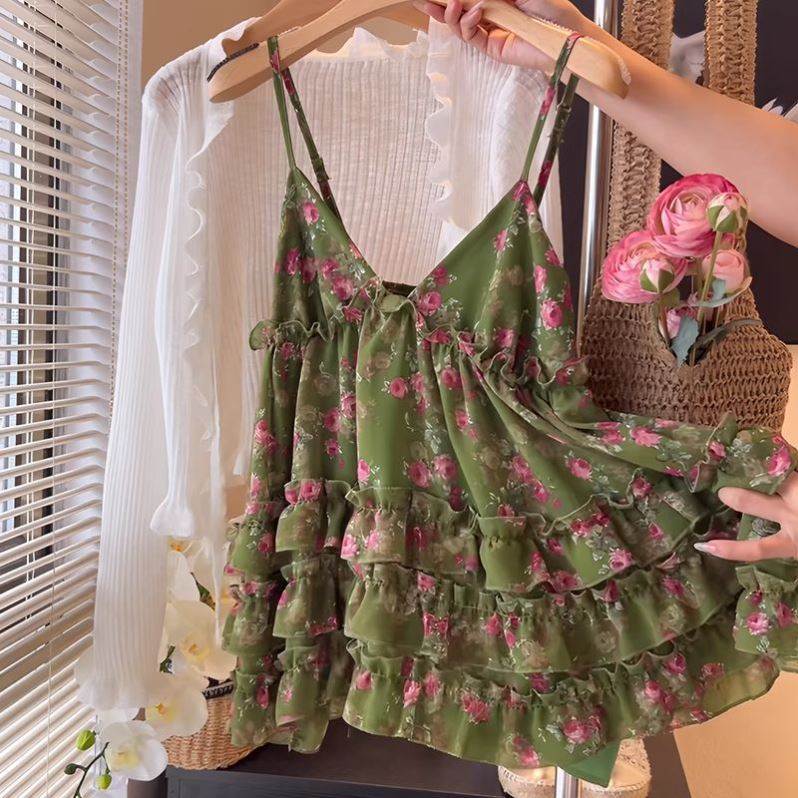 度假风甜美碎花蛋糕吊带背心女装夏季荷叶边宽松显瘦蓬蓬无袖上衣