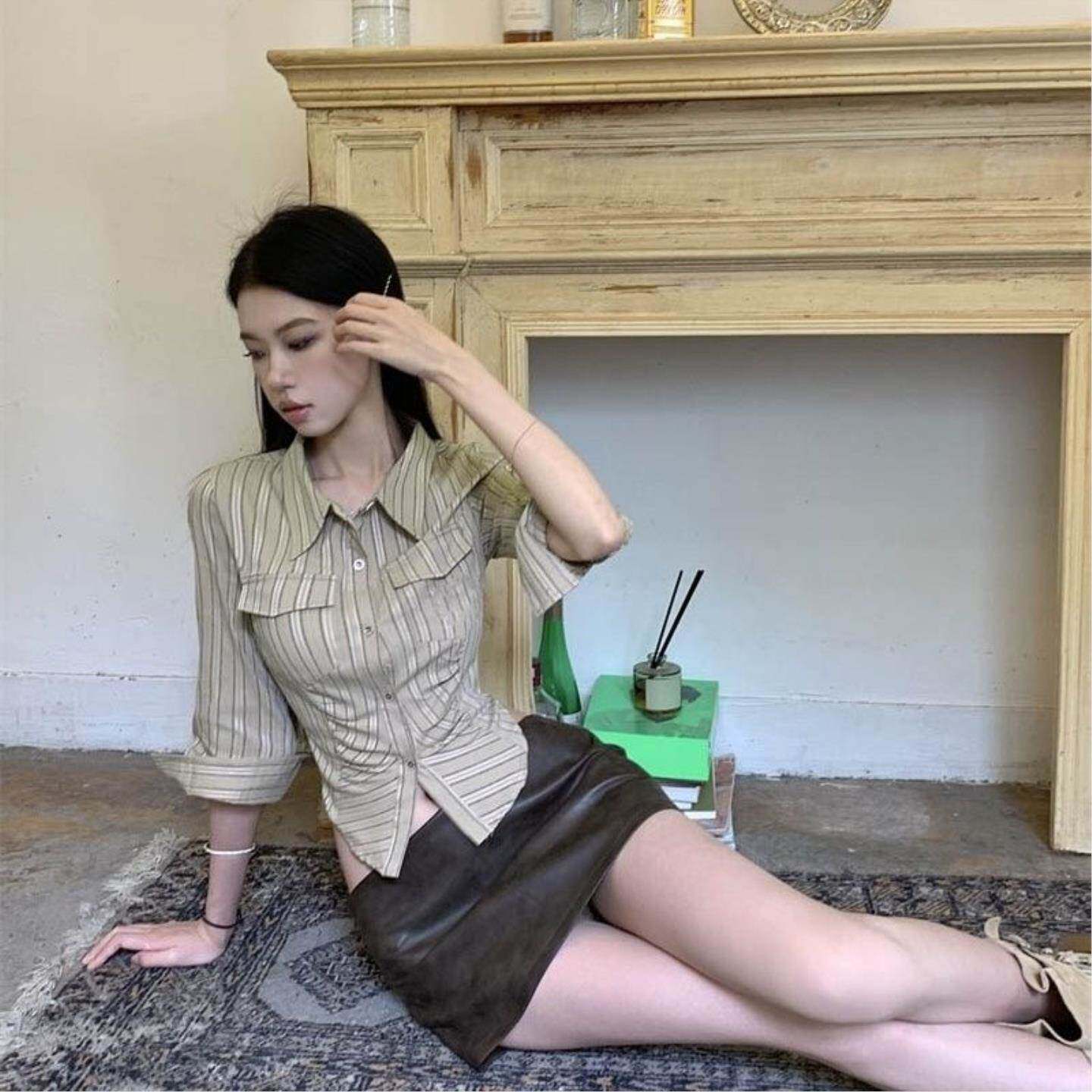新中式条纹衬衫女夏季长袖修瘦衬衣收腰设计感小众上衣港风外穿
