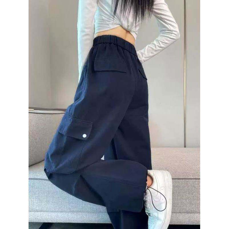 藏青色工装裤女夏季2026新款高腰窄版酷飒风小个子降落伞兵运动裤