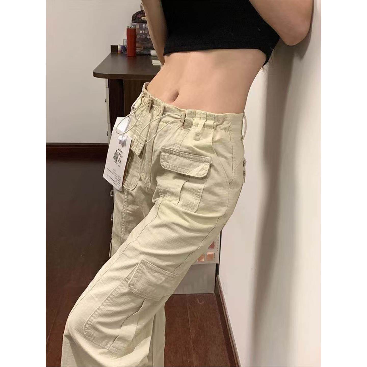 米色松紧腰直筒工装裤女秋季薄款宽松显瘦多口袋低腰阔腿休闲裤