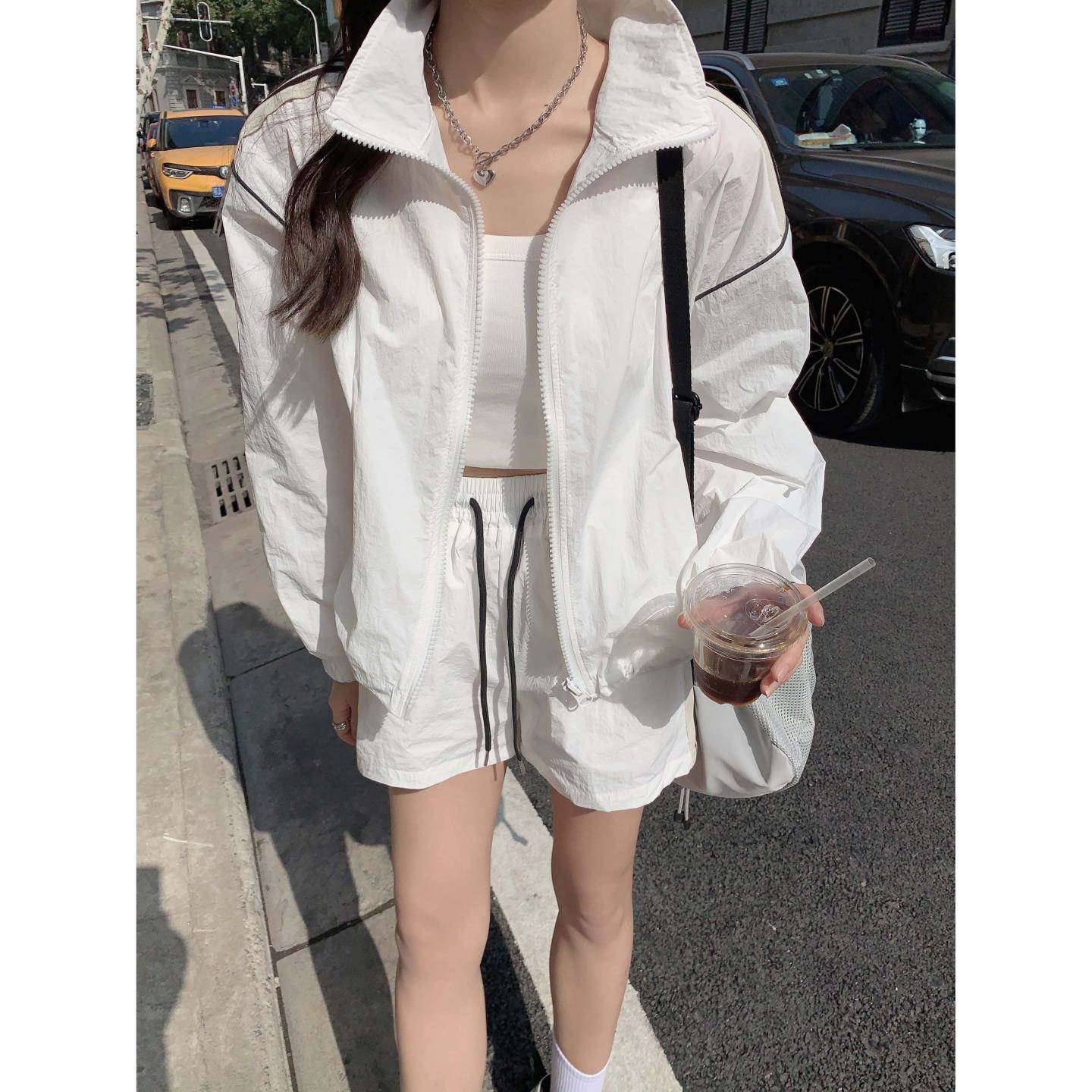 轻薄透气立领开衫防晒衣外套女夏季新款百搭休闲运动短裤两件套装