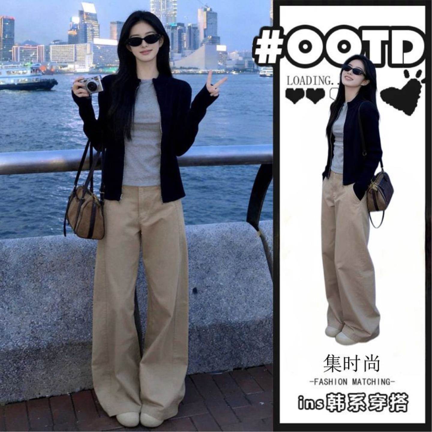 巨好看黑色毛衣开衫外套长裤套装女2026新款早秋季韩系穿搭一整套