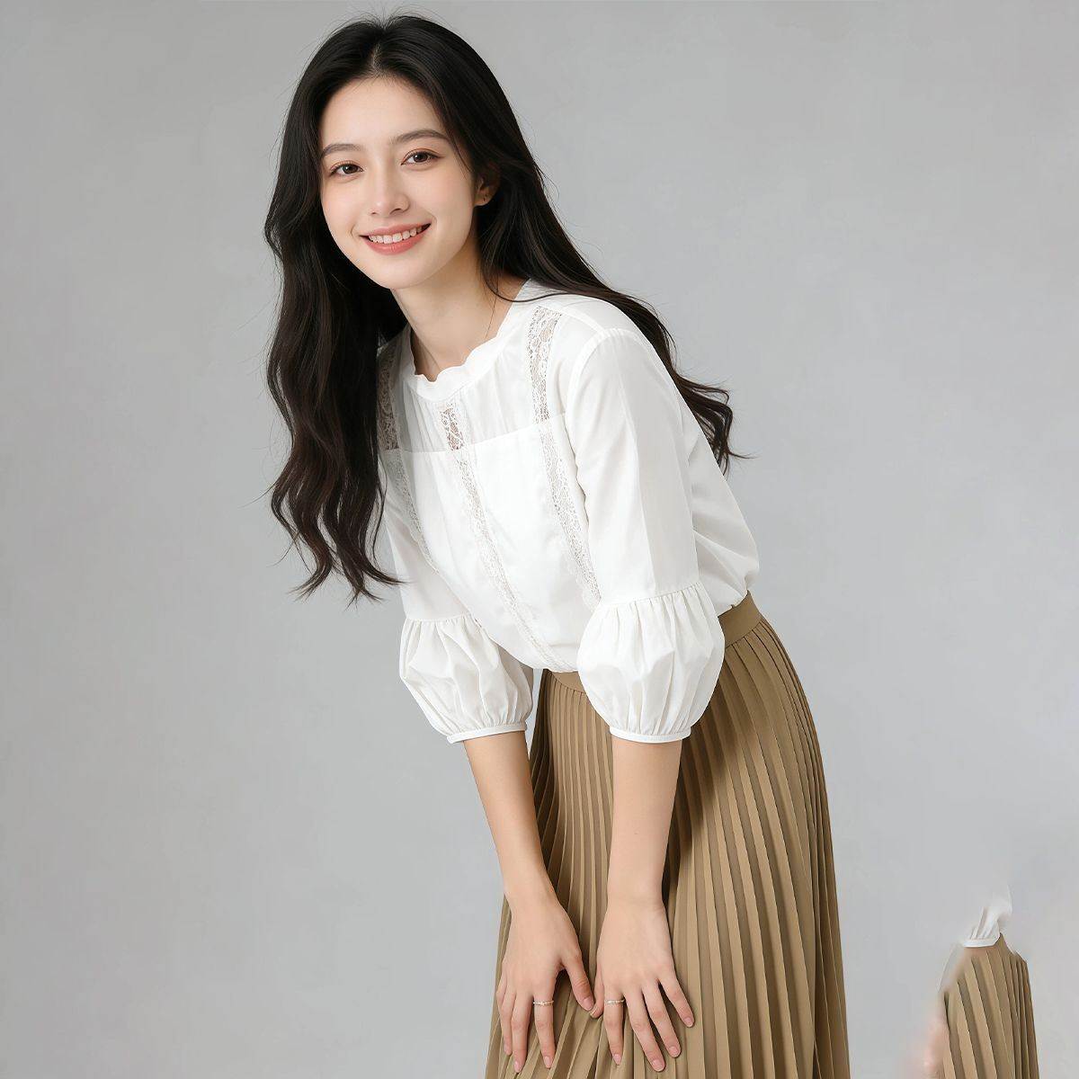 春夏设计感气质衬衣女蕾丝通勤百搭打底宽松上衣灯笼袖棉衬衫女