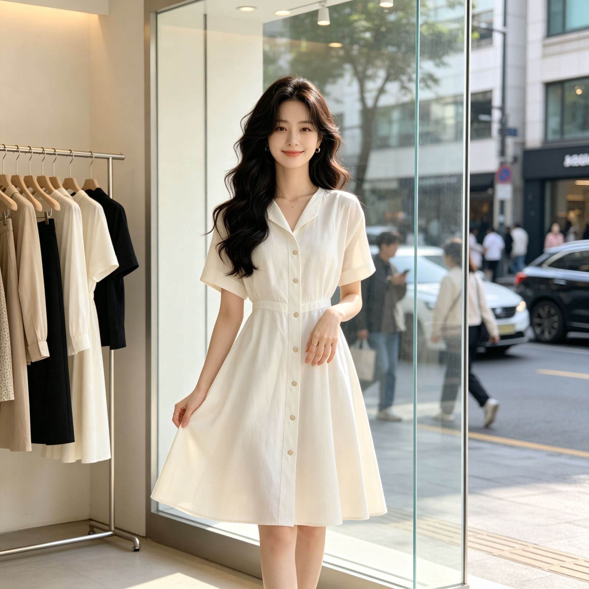 韩系翻领衬衫连衣裙女夏季收腰显瘦气质通勤纯色百搭小个子中长裙
