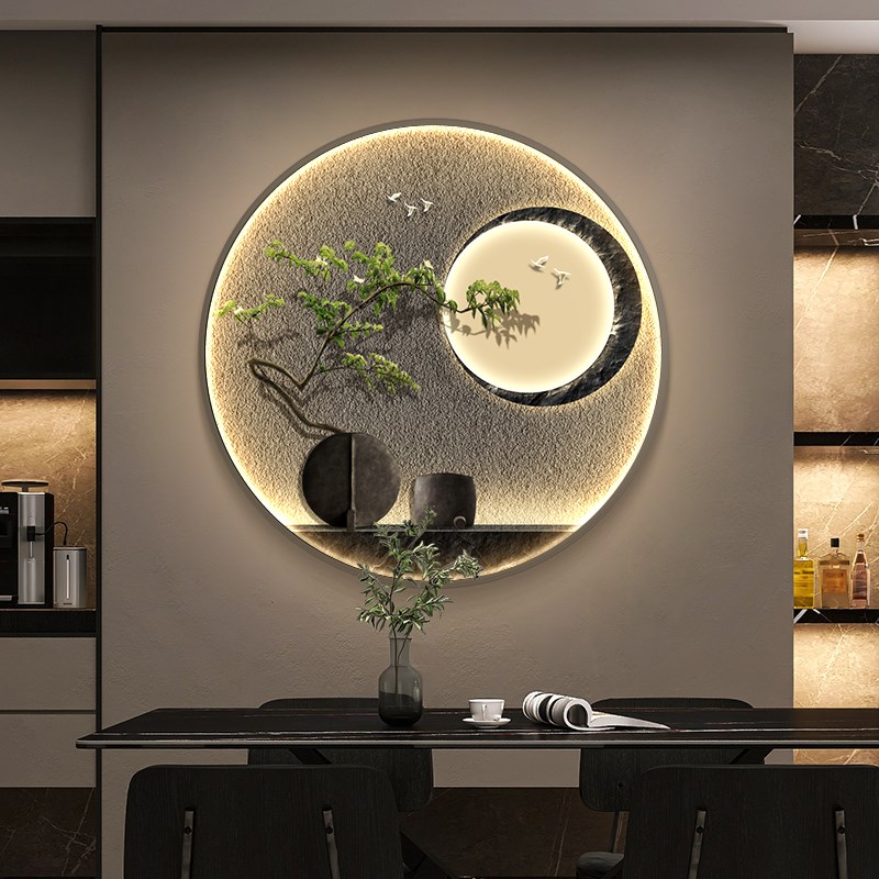 日式高级感入户玄关挂画圆形发光画客厅茶室壁画侘寂风餐厅装饰画图片