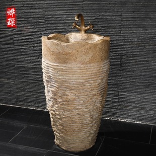 石材洗手盆户外一体家用别墅石头洗脸I盆庭院复古立柱圆形洗手池