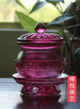 六呢禅悦明佛红色法琉璃供水杯水杯叭弥吽 圣佛艺堂大字咒 唵嘛古