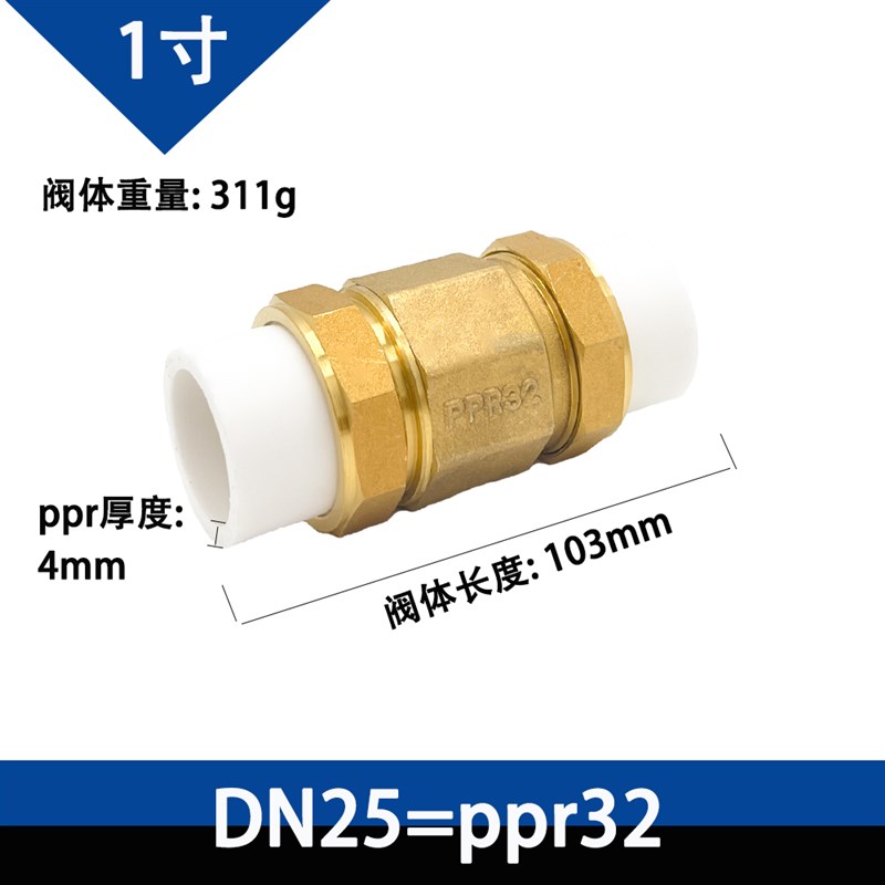 铜止回阀PPeR铜卧立式双活接单向阀逆止自来水管表4/6分DN20/25/3