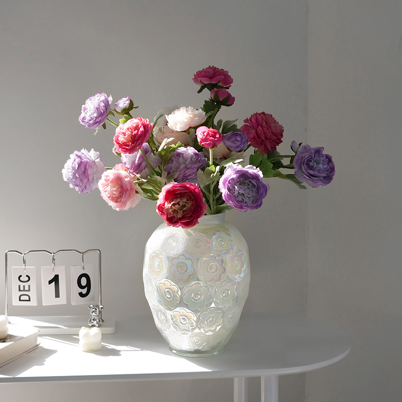 百合法式浮雕艺术水n晶玻璃客厅插花摆件装饰欧式高级感银莲花瓶