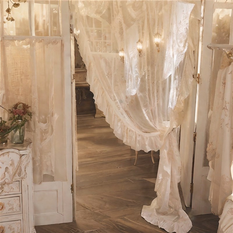 美式窗帘法式洛可可复古荷叶边蕾丝客厅田园风轻奢卧室阳台飘纱帘