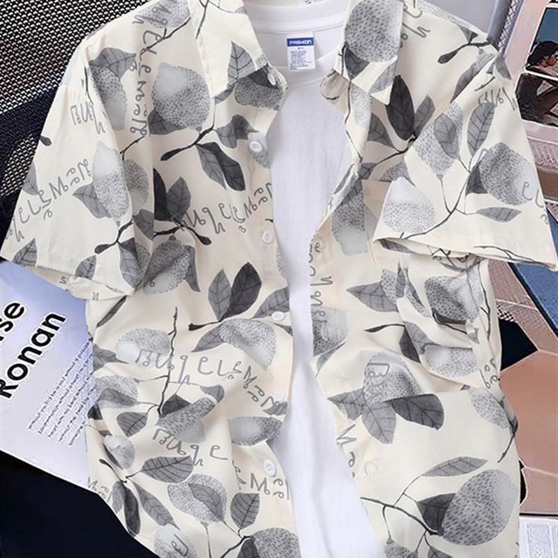 新款夏季男士短袖衬衫宽松大码休闲外套沙滩印花高级感可外穿衬衫