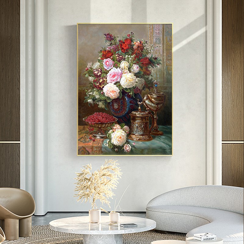 美式花卉牡丹静物入户玄关纯手绘油画欧式走廊过道装饰画挂壁画图片