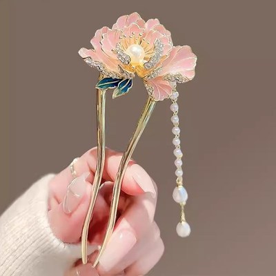 国风高档牡丹花发簪女新款E步摇流苏盘发簪子U型发