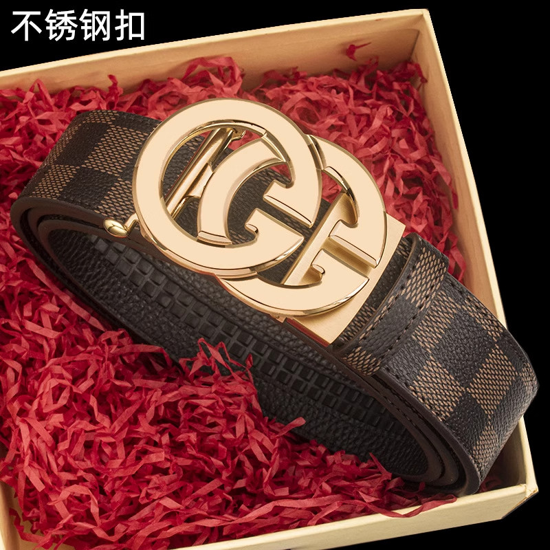 酷奇高档不锈钢男士皮带真皮头层牛皮商务休闲黑格纹自动扣裤腰带