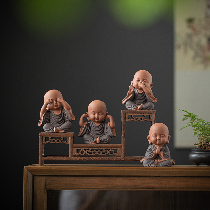 创意紫砂四不小和尚茶宠摆件可养茶玩禅意小沙弥博古W架茶桌面装