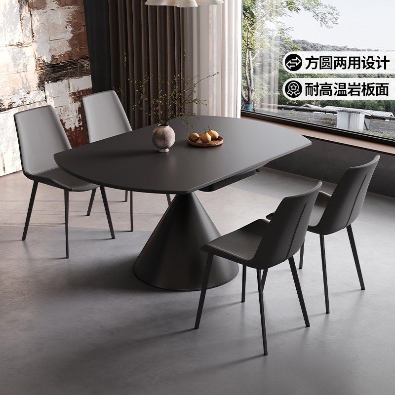 意式极简旋转岩板餐桌小户型家用可变圆桌轻奢简约现代伸缩纯黑面
