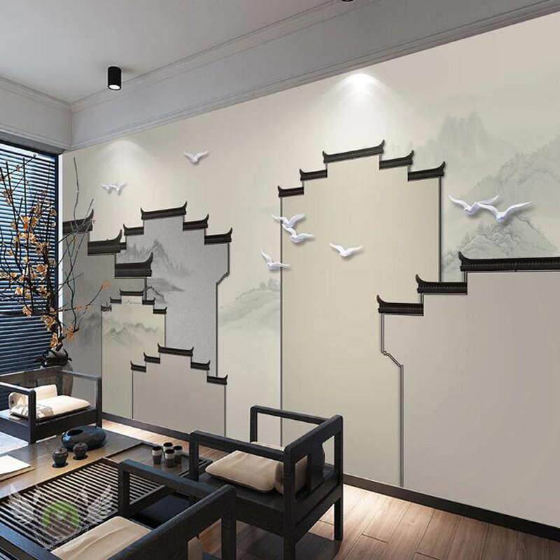 中式风景江南水乡水墨微派建筑壁纸餐厅火锅饭店包厢背景墙纸壁画