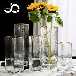 轻奢描金玻璃花瓶透明方口创意水培植物鲜花家用桌面摆件简约 欧式