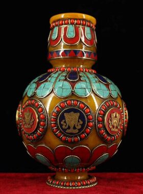 尼泊尔工艺吉祥八老蜜蜡宝镶嵌纯手工家居装饰收藏品花瓶摆件宝石