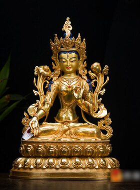 尼泊尔白度母铜像 12寸铜镀金西藏嵌宝石现代雕花室内铜像摆件