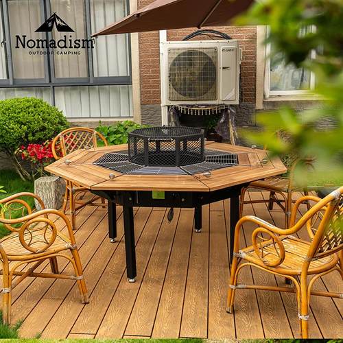 烧烤桌户外庭院民宿花园实木八角农庄烧烤台家用围炉煮茶燃木火炉