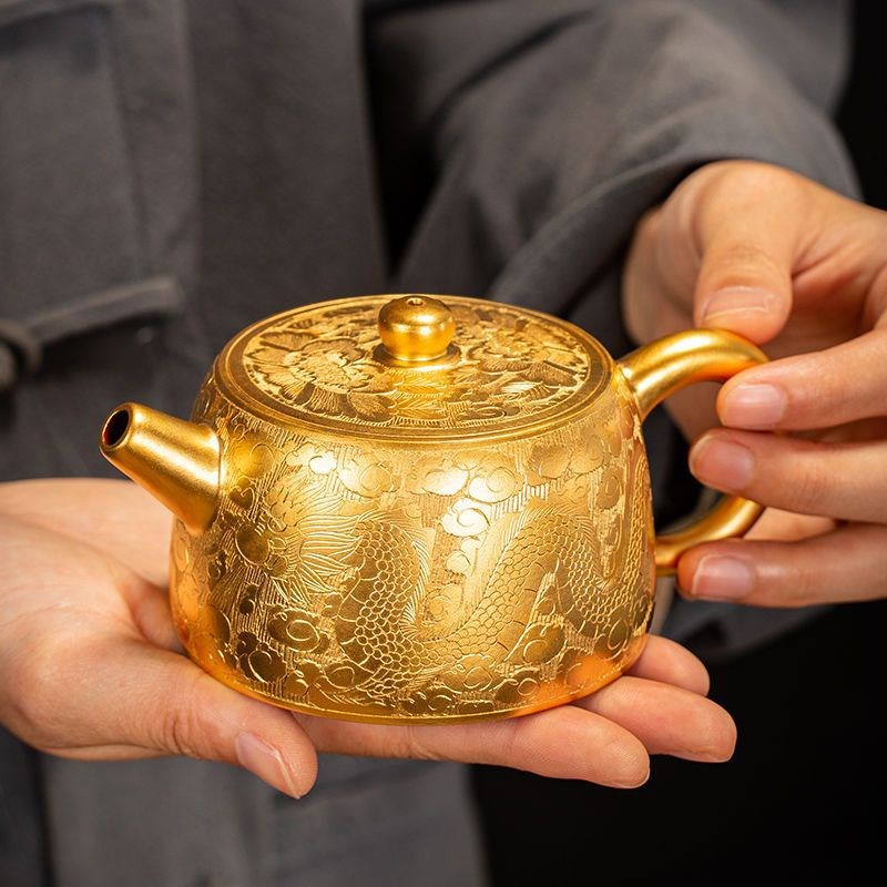 沉雕龙凤井栏金茶壶大师纯手工鎏金壶家用送礼品紫砂茶器高档单壶