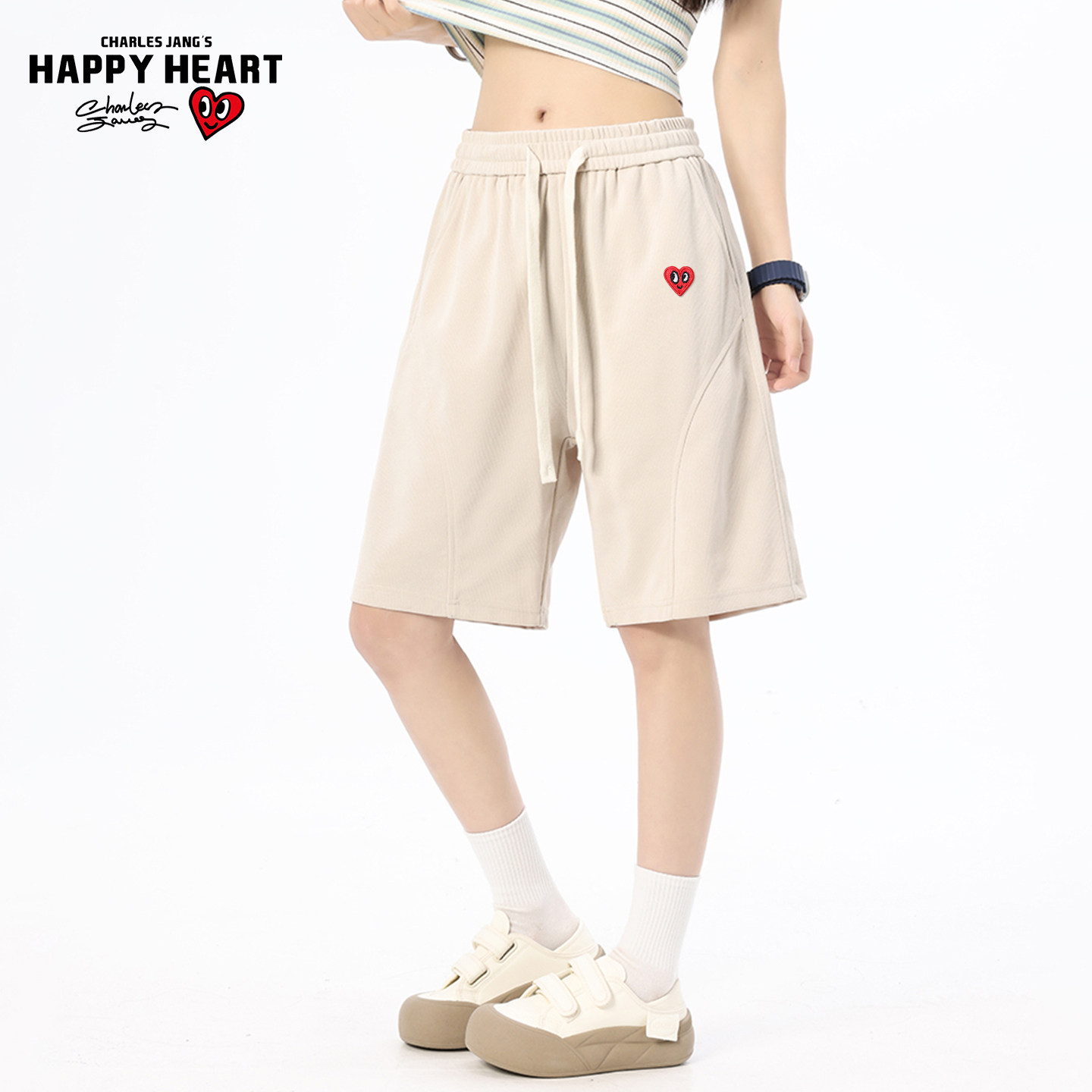 查尔斯桃心 纯色拼接刺绣户外运动透气直筒夏季五分休闲短裤女款