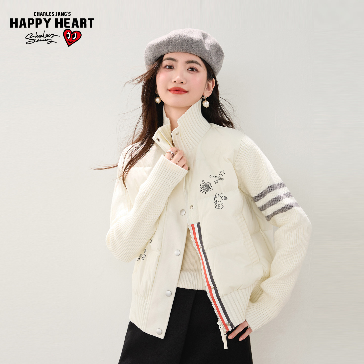 查尔斯桃心 针织拼接立领棉服外套女2026新款冬季保暖棒球服棉衣