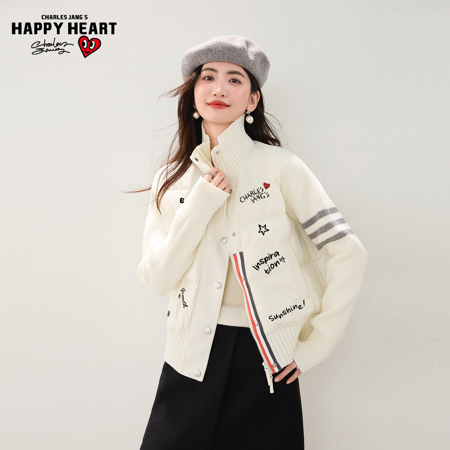 查尔斯桃心 白色针织拼接棉服女款秋冬宽松翻领休闲保暖棉衣外套