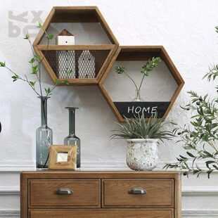 电视背景墙XBO老装饰壁挂式复古松木Y装饰实木墙面置物架六角搁板