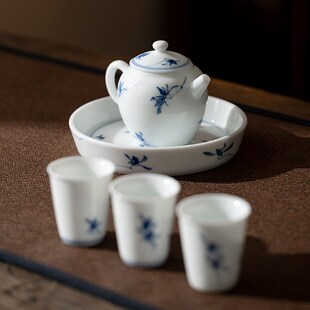 猪油白纯手绘壶承釉下彩手工陶瓷家用点心盘干泡盘茶台茶壶盖碗托