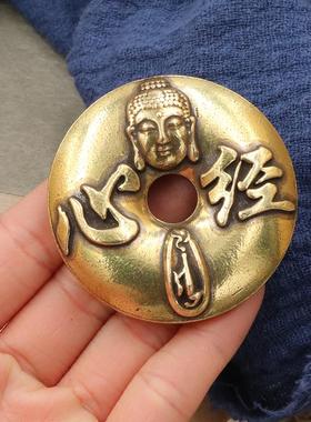 纯黄铜雕铸心经佛头平安扣镇纸实心铜圈手把玩铜艺铜饰摆件装饰