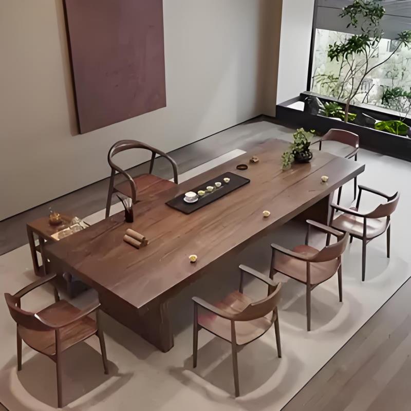 新中式大板茶桌胡桃木色办公室家用简约现代茶桌禅意侘寂风黑胡桃