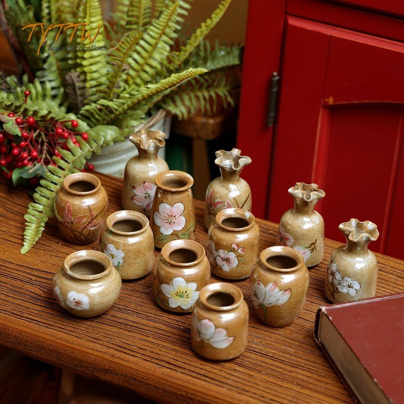 中式复古粗陶手工彩绘梅花小花瓶花器小I花插茶几桌面禅意装饰摆