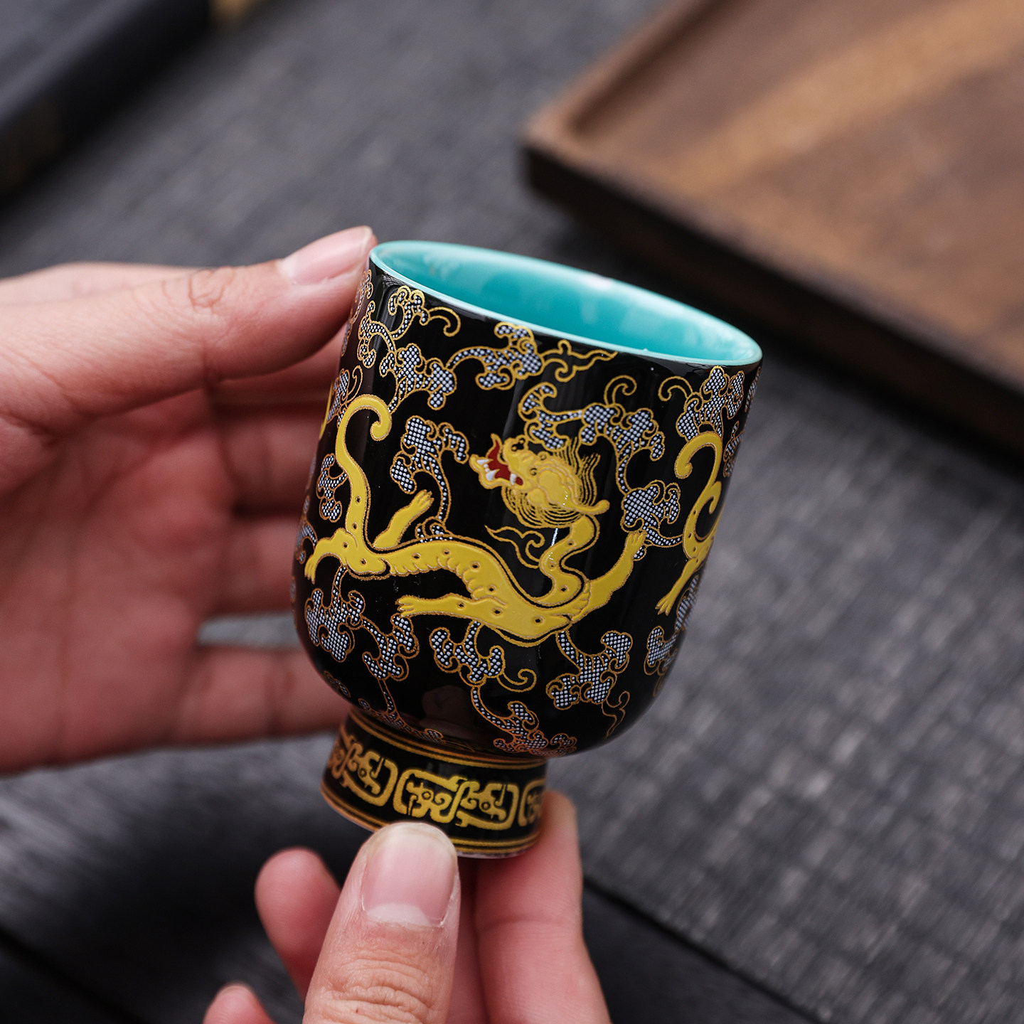 墨玉祥龙主人杯中式陶瓷水杯复古闻香杯家用男士茶杯公司礼品定制