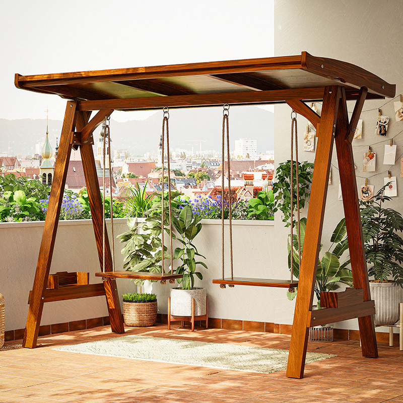 别墅庭院家具户外带蓬实木秋千公园双人木质防雨秋千室外儿童小孩