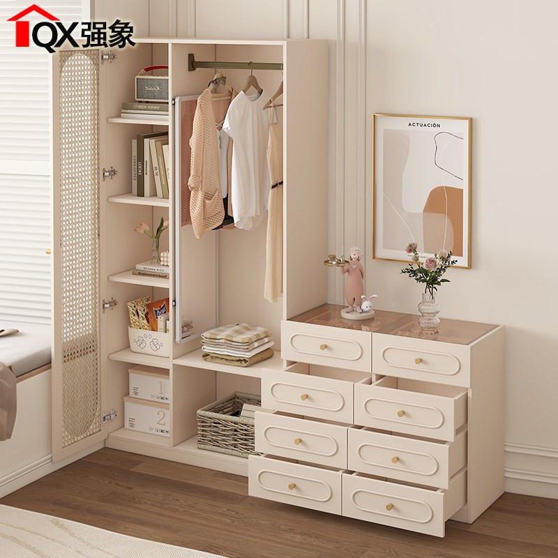 奶油原木风仿藤编床尾柜斗柜一体挂衣架衣柜卧室抽屉柜衣帽架A63