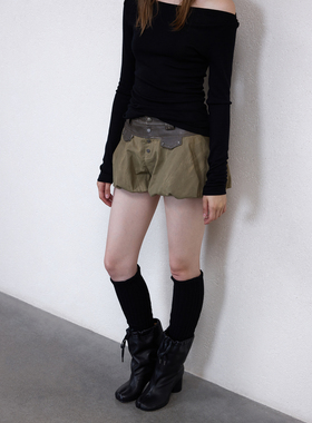 1C00M4拼接碰撞显瘦花苞裤皮腰头双层短裤灯笼裤女防走光复古2025