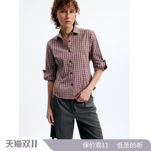 复古格纹七分袖衬衫新款