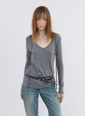 1c00M4美利奴羊毛天丝复古V领漫步T恤莱赛尔内搭打底衫上衣女秋冬