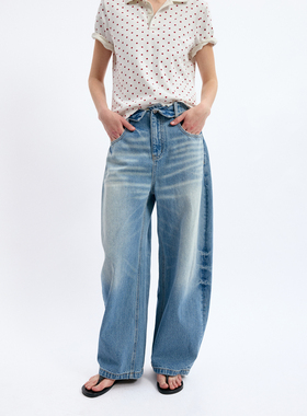 1c00M4翻腰弯刀牛仔裤浅蓝色阔腿长裤休闲直筒宽松水洗2026春